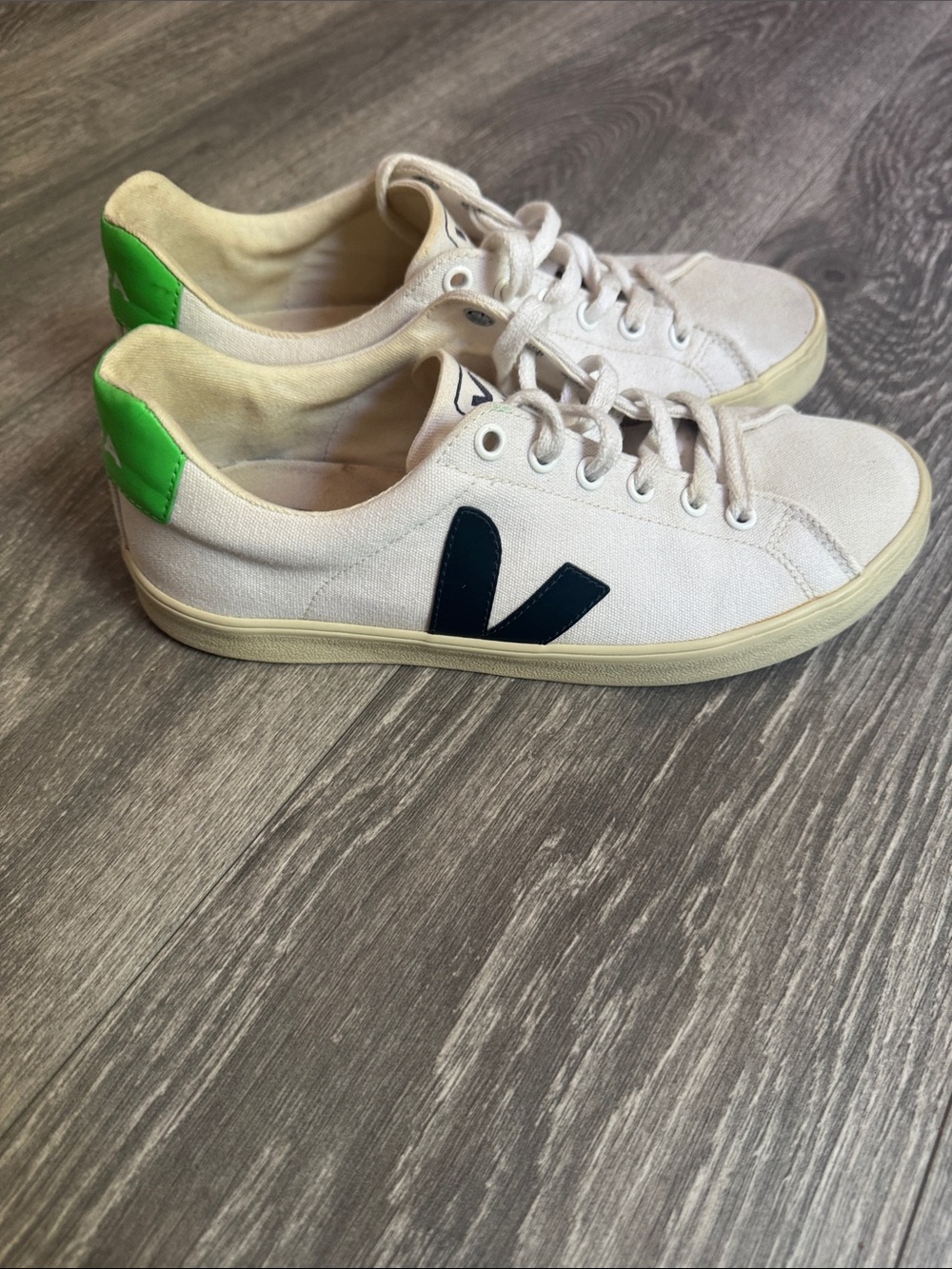 Veja Canvas Low-Top Sneakers in White with Navy V and Bright Green Heel